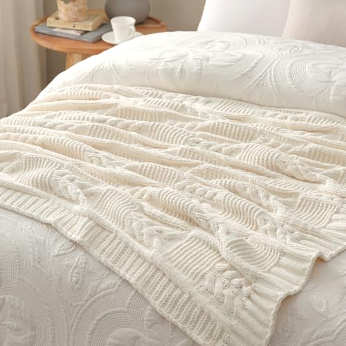 Amélie Home Chenille Knit Throw Blanket, Cream White 50"x60" - color: Cable Cream White, size: 50" X 60"
