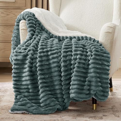 Bedsure Soft Sherpa Blanket Fluffy Throw Dark Green 50"x60" - color: 04 - Dark Green, size: Throw (50" X 60")