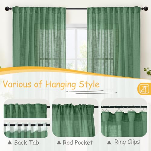 YoungsTex Green Linen 주방 창문 커튼 101.6cm(40인치) 길이 - 뒷면 탭 로드 포켓이 있는 작은 세미 시어 드레이프 경량 카페 욕실 창문용, 패널 2개, 86.4 x 101.6cm(34 x 40인치) - color: 초록색., size: 34"W x 40"L (Pack of 2)
