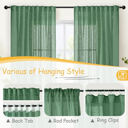 YoungsTex Green Linen 주방 창문 커튼 101.6cm(40인치) 길이 - 뒷면 탭 로드 포켓이 있는 작은 세미 시어 드레이프 경량 카페 욕실 창문용, 패널 2개, 86.4 x 101.6cm(34 x 40인치) - color: 초록색., size: 34"W x 40"L (Pack of 2)