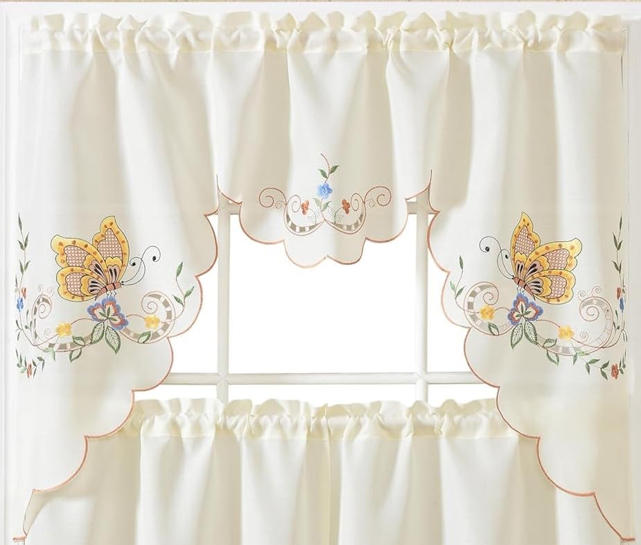 GOHD Dancing Butterfly 3pcs Embroidery Cafe Curtains with cutworks,Yellow - color: Yellow
