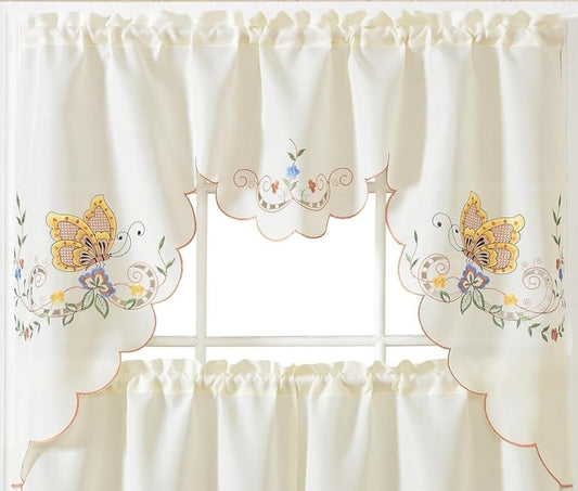 GOHD Dancing Butterfly 3pcs Embroidery Cafe Curtains with cutworks,Yellow - color: Yellow