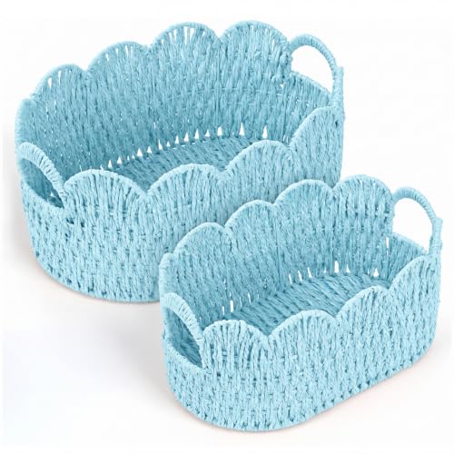 Endymion Set of 2 Paper Rope Scalloped Basket, Wicker Storage Baskets Blue - color: Blue