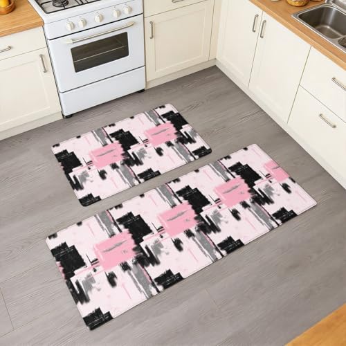 Feelyou Abstract Art Cushioned Rugs Kitchen 2PCS 32x29 32x47 Waterproof - color: Pink Grey Black