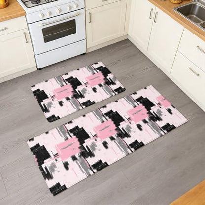 Feelyou Abstract Art Cushioned Rugs Kitchen 2PCS 32x29 32x47 Waterproof - color: Pink Grey Black