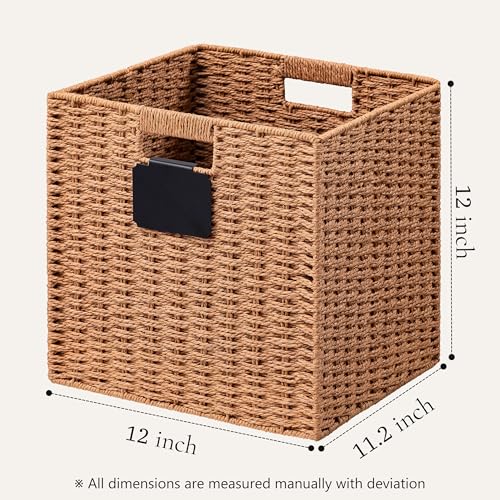 UBBCARE 4 Pack Wicker Basket, 12×12 Storage Cubes with Label, Foldable Cube Storage Bin with Handle, Square Storage Basket for Shelves, Woven Paper Rope Basket for Organizing, Caramel - color: Caramel, size: 4pack-12L×12H×11.2W