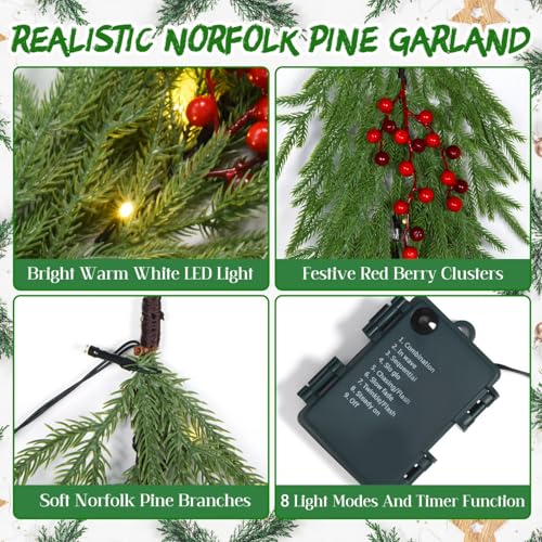 YoleShy 6FT Norfolk Pine Garland Christmas Garland with Lights Red Berry - color: Red Berry