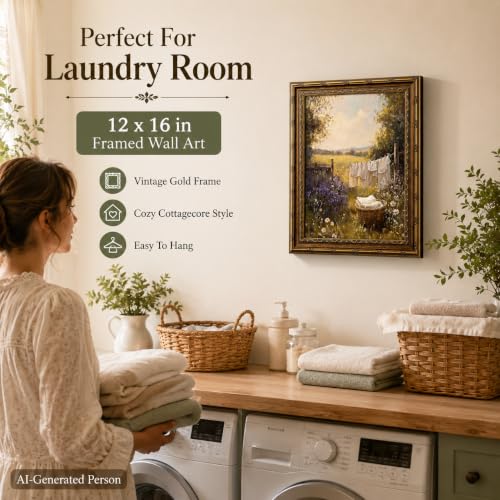 Laundry Room Wall Art, Vintage Gold Framed Farmhouse Landscape, 12x16in - color: Laundry Wall Art, size: 16"L x 12"W