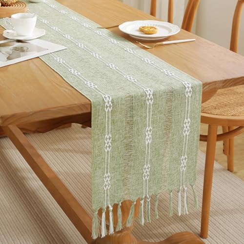 Rustic Boho Table Runner, Farmhouse Table Runners 90 Inches Long for Kitchen Dining Room, 13x90 Inches, Sage Green Lines - color: Hollow Sage Green Lines, size: 13"x90" / 33x228cm