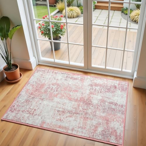 Pink Washable Small Area Rug, 2x3 Abstract Non-Slip Door Mat, Modern Low Pile Indoor Entryway Rugs, Stain Resistant Throw Carpet for Front Door, Kitchen, Entry, Inside Entrance - color: Pink, size: 2' x 3' (Rectangular)