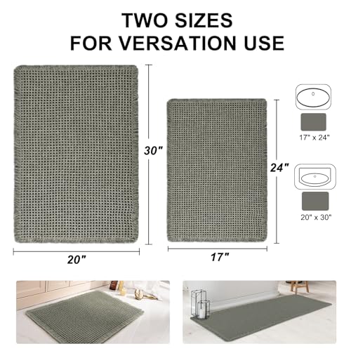 Luxury Waffle Bath Mat, Super Absorbent Non Slip Bathroom Rugs, Boho Ultra Soft Comfort Machine Washable Quick Dry Floor Mats with Tassels (Olive Green, 17" x 24" + 20" x 30") - color: Olive Green, size: 17" X 24" + 20" X 30"