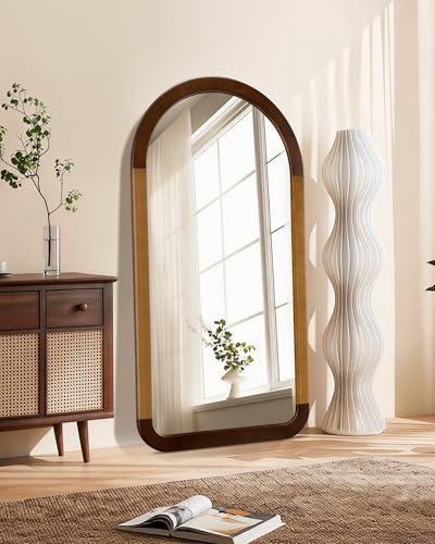 Arched Mirror 24 x 47 Inch,Wood Rustic Bathroom Wall Mirror with Wood Frame - color: Two-tone Walnut a, size: 47"L x 24"W
