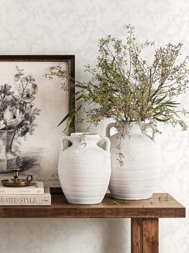 White Ceramic Vase with Handles, 9.5Inch, Farmhouse Rustic, Gritstone White - color: Winnie - Gritstone White, size: M(8.8"-9.8")