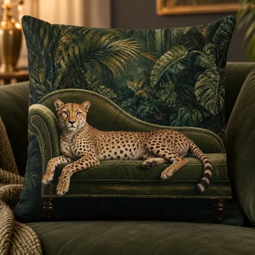 Leopard on Green Velvet Sofa Pillow Cover Tropical Jungle Decor 18x18 - color: Green Velvet Leopard