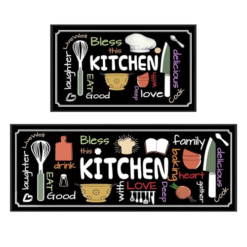 Utensils Kitchen Rugs for Floor 2 Piece Sets, Chef Love Floor Mat for Kitchen, Utensils Kitchen Rug in Front of Sink for Standing for Italian Kitchen Decor 17"X30"+17"X47" - color: Colorful Motto Kitchen Mat