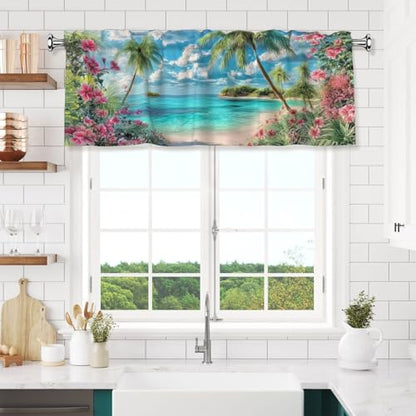 Beach Palm Tree Curtain Valance 54x18 Inches Window Treatment Rod Pocket Valance for Kitchen Bathroom Bedroom - color: Beach Palm Tree
