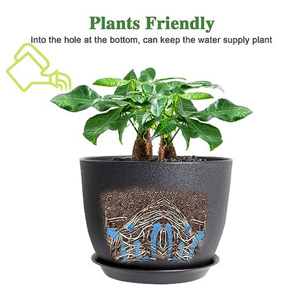UOUZ 12inch Large Plant Pot, Modern Plastic Planter with High Driange Holes and Saucer for Indoor Outdoor Garden Plants and Flowers, Black - color: Black
