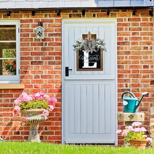 Last Name Year Round Front Door Wreath Front Porch Decoration 26 Letter Welcome Sign with Eucalyptus Garland and Bow Spring Wreaths for Front Door Outside Hanger Garland（L） - color: L