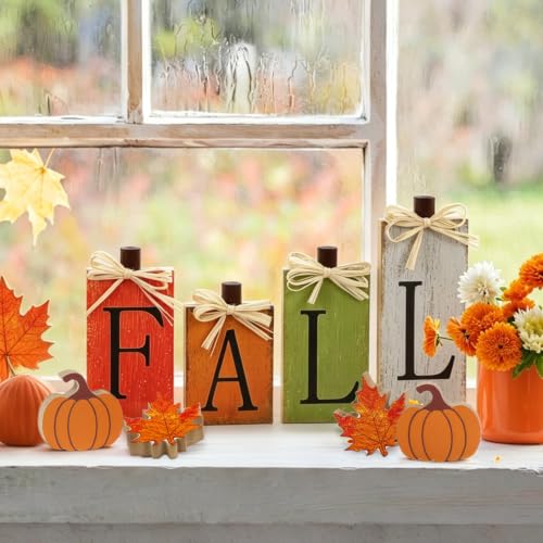 WOHOHOHO 8Pcs Wooden Fall Decorations for Home, "FALL" Wood Table Decor, Pumpkin & Maple Leaf Signs. Rustic Wooden Autumn Thanksgiving Decorations for Home Office Room Bedroom Mantel Tiered Tray