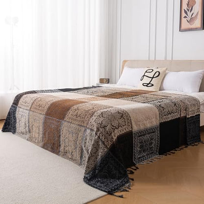 Boho Throw Blanket, Chenille Jacquard Tassels Throw Blankets for Bed Couch Soft Chair， Bohemian Fringe Tassels (Black, Large 86 * 102Inches) - color: Mocha Noir, size: 87" x 102"
