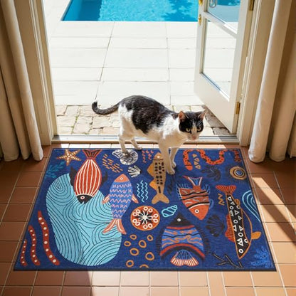 jinchan 2x3 Coastal Area Rug Washable Kids Rug Colorful Ocean Fish Mat Blue - color: Undersea Stroll Navy Blue, size: 2' x 3' (Rectangular)