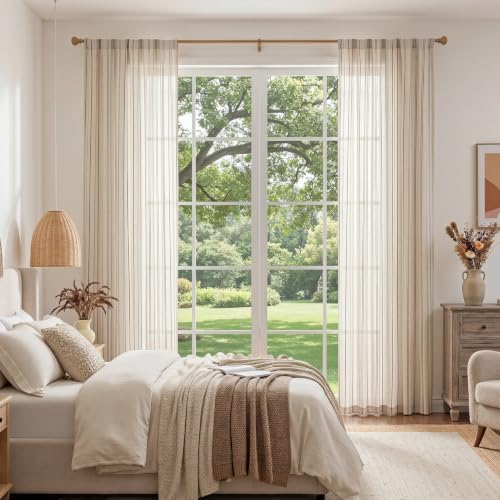 MYSKY HOME Light Brown Striped Linen Curtains for Bedroom 72 Inch 2 Pieces - color: Light Brown, size: 50"W x 72"L (Pack of 2)