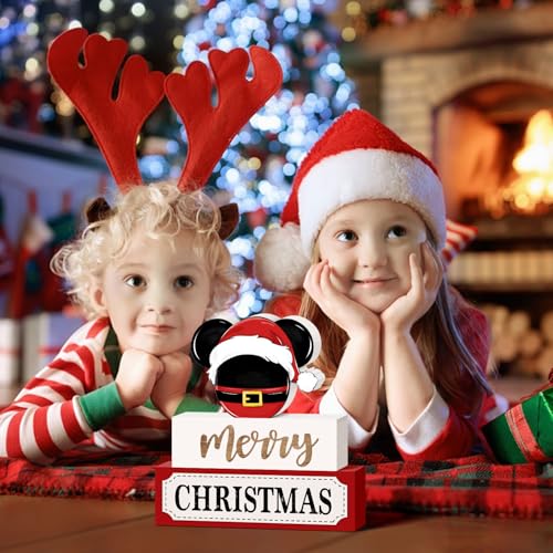 Christmas Wooden Table Signs, Mouse Shaped Merry Christmas Tiered Tray Decor Wood Blocks Decorative Tabletop Sign, Farmhouse Winter Holiday Decor for Home Mantle Shelf Decorations 3 Layered