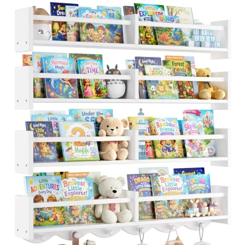 34Inch Nursery Floating bookshelf Coat Rack with 6 Hooks, Set of 4 White - color: White