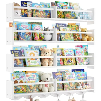 34Inch Nursery Floating bookshelf Coat Rack with 6 Hooks, Set of 4 White - color: White
