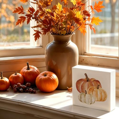 Rustic Farmhouse Fall Pumpkin Neutral Wooden Box Sign Desk Decor - color: Pumpkin