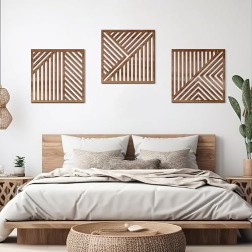 Bnesi 3 Piece Abstract Geometric Wood Wall Art Decor Modern Boho Minimalist Slatted Design Wall Sculpture Art Decor for Living Room Bedroom Home Bathroom (Classic, Medium) - style: Classic
