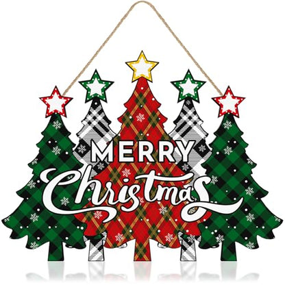 Wooden Merry Christmas Door Sign,Christmas Tree Door Wreath for Front Sign Wall Signs,Decoration Farmhouse Hanging Plaque,Hanging for Home Wall Decor Party(Red)