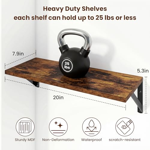 Axeman 20 Inch Floating Shelves, 8 Inch Deep Brown Wall Shelves Set of 2 - color: Rustic Brown, size: 20 Inch