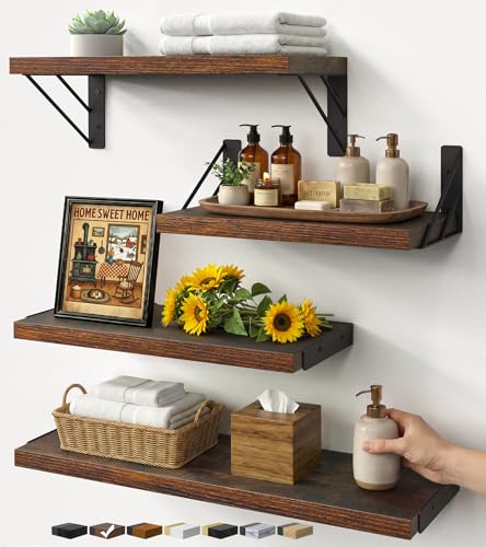 BAYKA Wall Mounted Floating Shelves (Rustic Brown, Set of 4, 16" Mixed) - color: C. Rustic Brown Board & Black Brackets, size: 16 inches Mixed