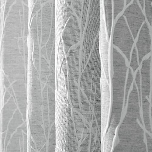 Light Grey White Curtains 63 Inch Length for Bedroom 2 Panels Back Tab Pocket Linen Tree Branch Print Embossed Embroidered Patterned Privacy Silver Gray Curtain for Kitchen 50% Blackout Room Darkening - color: Silver Grey, size: 52"W x 63"L (Pack of 2)