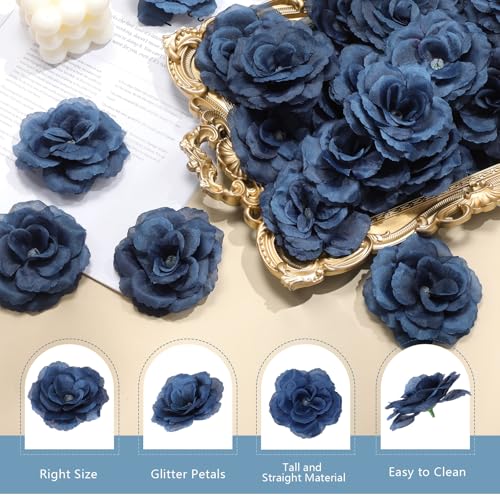 Yunlly 100 Pcs Blue Fake Silk Rose Flowers with Stems for Wedding - color: Navy Blue