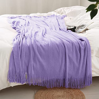Homiest Lavender Knitted Throw Blanket with Fringe, 50x60 Inch - color: Lavender, size: 50" x 60"