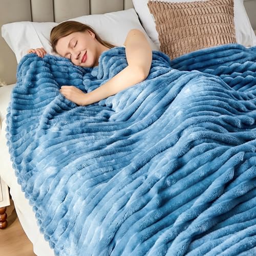 330GSM Ribbed Fleece Throw Blanket for Couch, Blue, 50"x60" - color: Blue, size: Throw(50"x60")