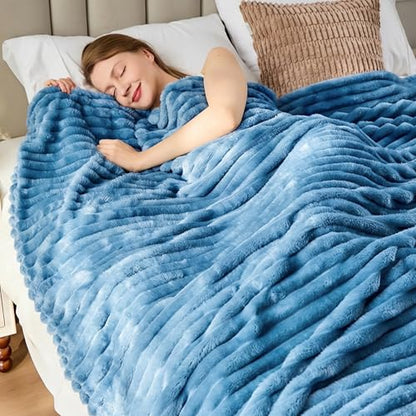 330GSM Ribbed Fleece Throw Blanket for Couch, Blue, 50"x60" - color: Blue, size: Throw(50"x60")