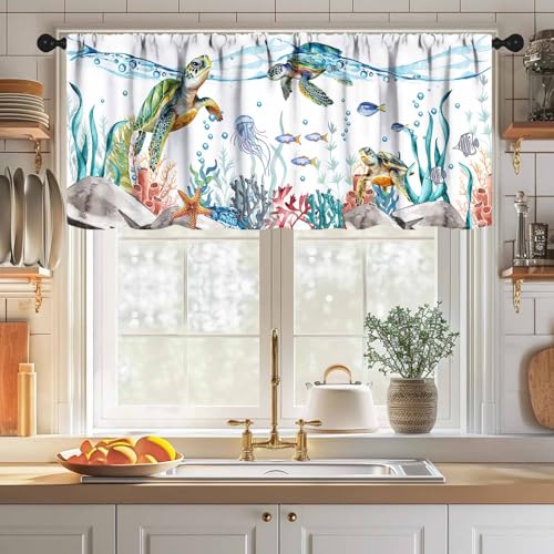 Nautical Turtle Curtains Valances,Starfish Seaweed Nautical Map Texture Valances for Kitchen Bedroom Living Room Bathroom Windows Curtain 1 Piece,54x18 Inch - color: Coastal-8