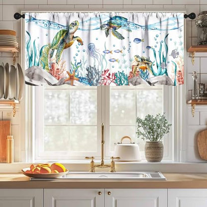 Nautical Turtle Curtains Valances,Starfish Seaweed Nautical Map Texture Valances for Kitchen Bedroom Living Room Bathroom Windows Curtain 1 Piece,54x18 Inch - color: Coastal-8