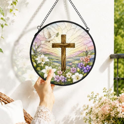 Christian Cross Stained Glass Window Hanging Decorations 7.9x7.9 - color: Crucifix-1
