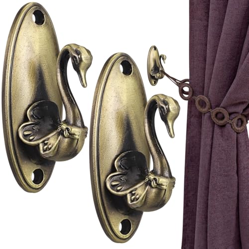 Sewroro Swan Curtain Holdbacks, Vintage Drapery Tieback Hooks for Wall, Zinc Alloy Bronze Finish, Decorative Window Treatment Accessories with Screws, 2 Pieces, 3. 35 x 1. 57 in