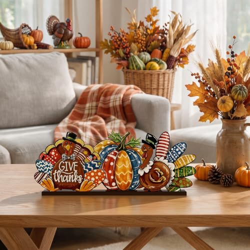 Smile Thanksgiving Wooden Standing Decor, Turkey Pumpkin And Give Thanks Tiered Tray Tabletop Signs With Stands For Home And Party Decorations - style: Pumpkin Turkey