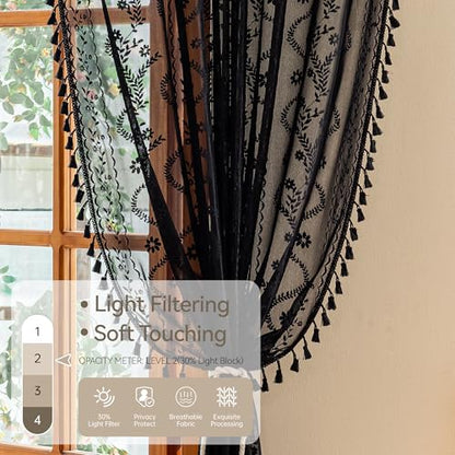 WAZZIO Boho Sheer Curtains 2 Panels,Victorian Lace Drapes,Black,W52 x L84 - color: Black, size: 52"W x 84"L (Pack of 2)