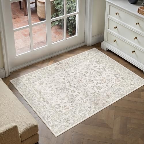 PureCozy 2x3 Beige White Area Rug Washable Vintage Non Slip Carpet - color: Beige-white, size: 2' x 3' (Rectangular)
