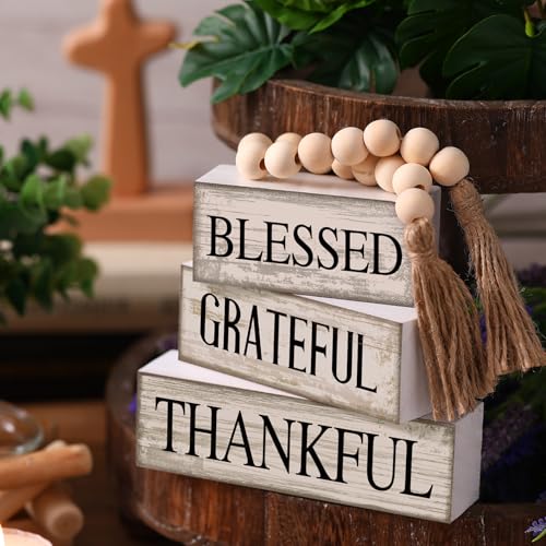 Yuntau 4 Pcs Farmhouse Table Decor Rustic Stacked Wooden Block Sign - style: Blessed