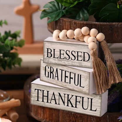 Yuntau 4 Pcs Farmhouse Table Decor Rustic Stacked Wooden Block Sign - style: Blessed