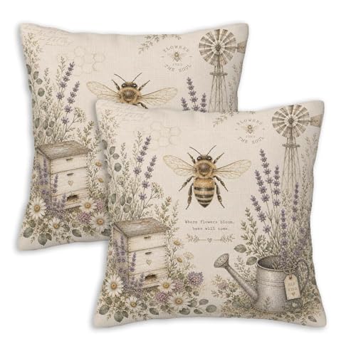 Bee Throw Pillow Covers 18x18 Set of 2, Honey Bee Lavender Floral Cushion Covers, Rustic Farmhouse Garden Pillowcases for Couch Sofa Bed Living Room Home Decor - color: Farmhouse Bee