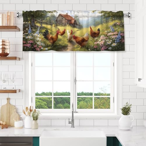 Farmhouse Rooster Curtain Valance 54x18 Inches Window Treatment Rod Pocket Valance for Kitchen Bathroom Bedroom - color: Farmhouse Rooster